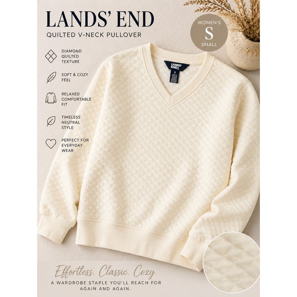 Lands’ End Quilted V Neck Pullover Sweatshirt Cream Small